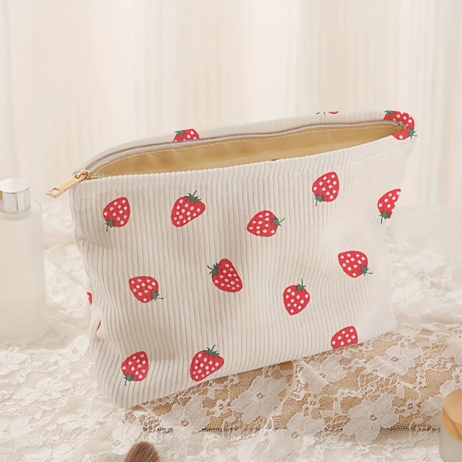 Strawberry Pattern Corduroy Makeup Bag - Lightweight, Water-Resistant, Unscented Cosmetic  with Zipper Closure - Perfect Birthda