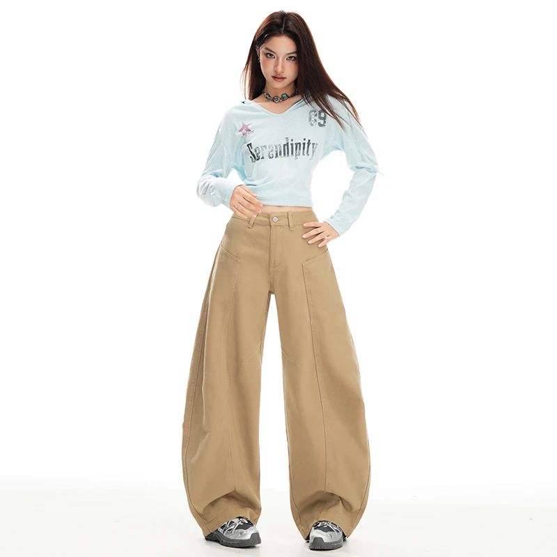 

American retro curved hem jeans, thick high-waisted slimming wide-leg scythe-style floor-length pants for women for autumn and w