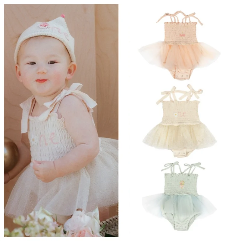 

2023 Summer Baby's Sling One Piece Jumpsuits Dress Girl's Princess Birthday Suit Mesh Slip Dresses Baby Girl Clothes Romper