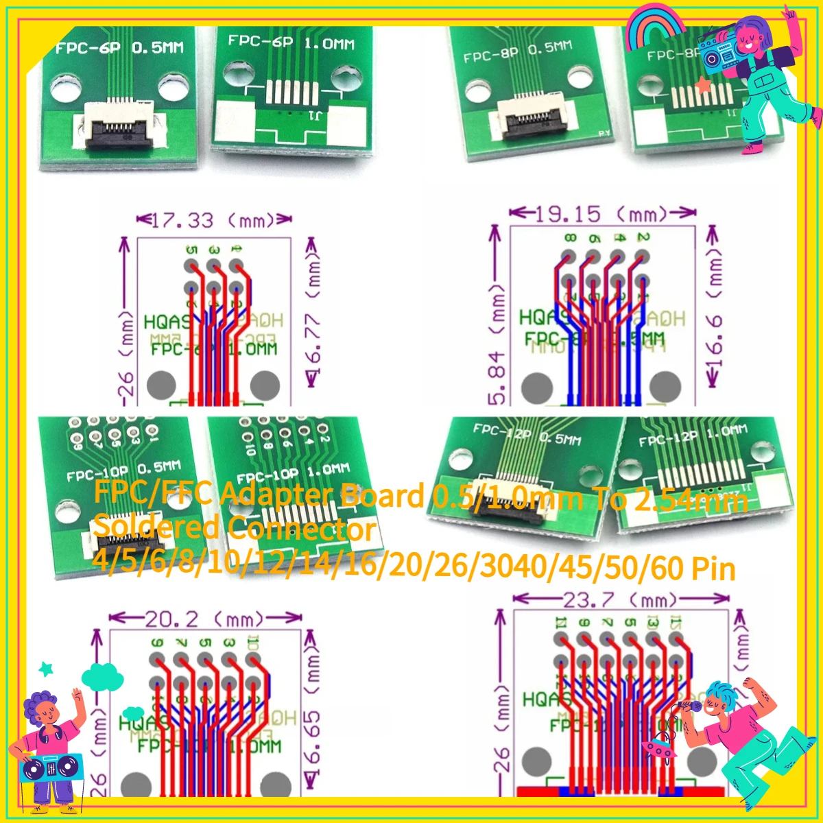FPC/FFC Adapter Board 0.5/1.0mm To 2.54mm Soldered Connector 4/5/6/8/10/12/14/16/20/26/3040/45/50/60 Pin Componentes Eléctricos
