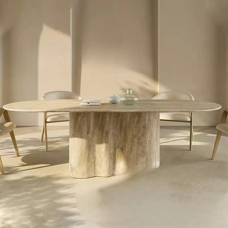 

Natural marble dining table wabi sand wind tunnel stone table simple mansion villa medieval dining table, light luxury oval meal