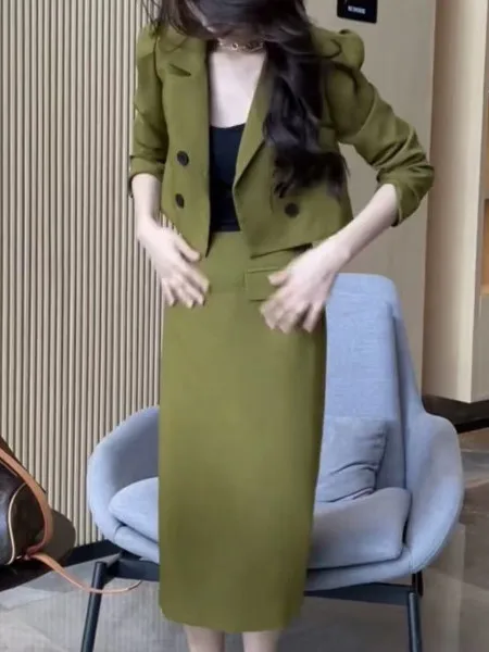 

High Waist Slim Fit Double Breasted Top And Skirt Set Korean Style Commute Loose Fit Long Sleeve Polyester Fiber Fashion Set