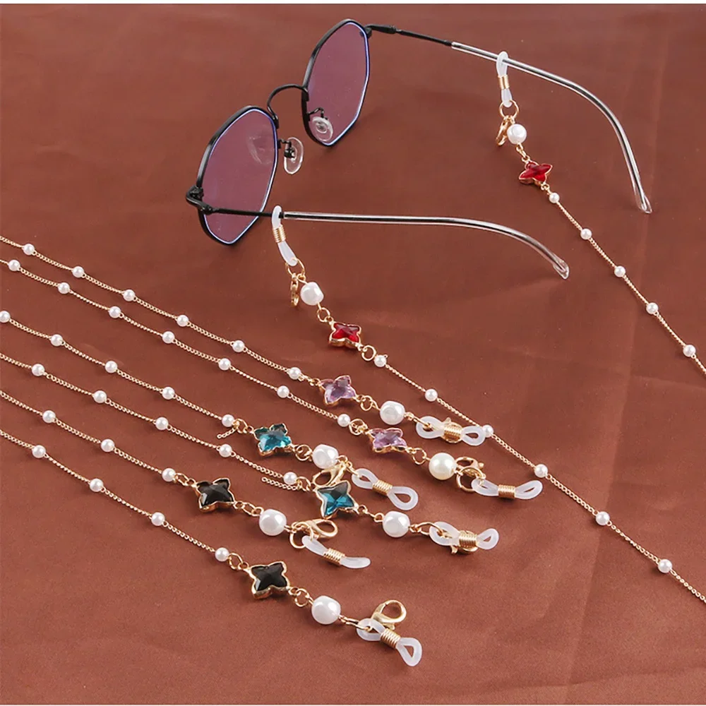 2024 Fashion Prismatic Reading Glasses Chain Crystal Pearl Heart-shaped Sunglasses Mask Lanyard Necklace Accessories for Women