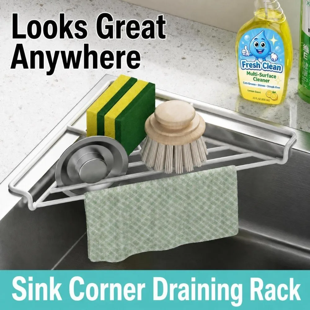 New Triangular Structure Sink Corner Rack Drainage Space Saving Triangular Drain Rack Dishcloth Rack Kitchen Sink Organizer