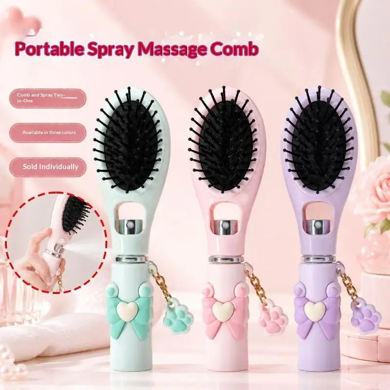 Refillable 2in1 Spray Misting Hair Brush With Cat Paw Pendant Water Mist Spray Anti-static Smooth Hair Styling Tool Women