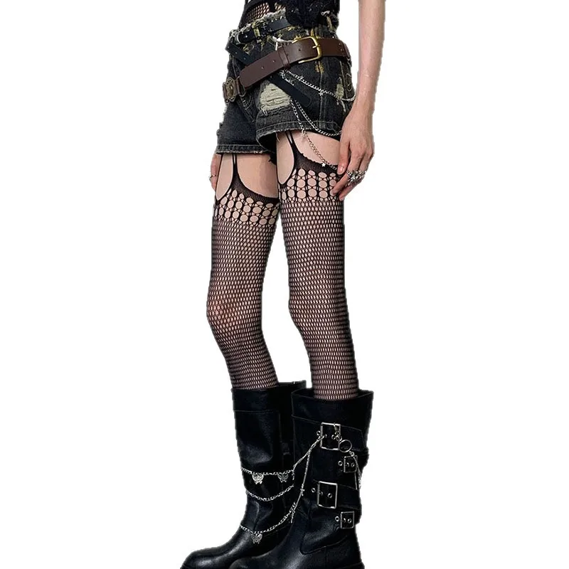 Bas gothiques en résille pour filles, ensemble de ceintures, Punk Goth Harajuku, collants Sexy à fond en maille, entrejambe ouvert, chaussettes hautes