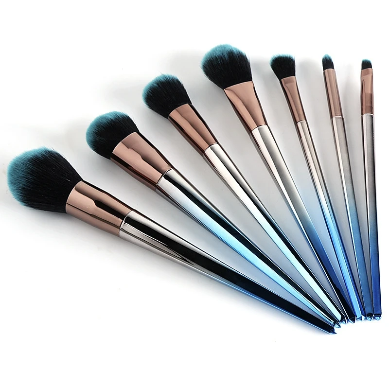 7Pcs/Set Profession Silver Gradients-sky blue round/flat head face brush Cosmetic brush set