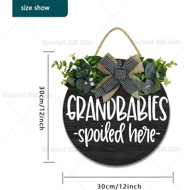 Grandbabies Spoiled Here Hanging Wall Sign for Front Door Home Kitchen Decor Rustic Wooden Round Sign Wall Decoration