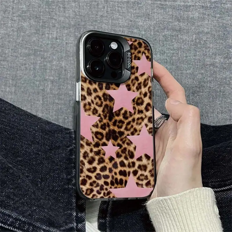 

Leopard print and pink star design phone case for iPhone 16 15 14 13 12 11 Pro/ Max/Plus shock-proof rear cover anti-fingerprint