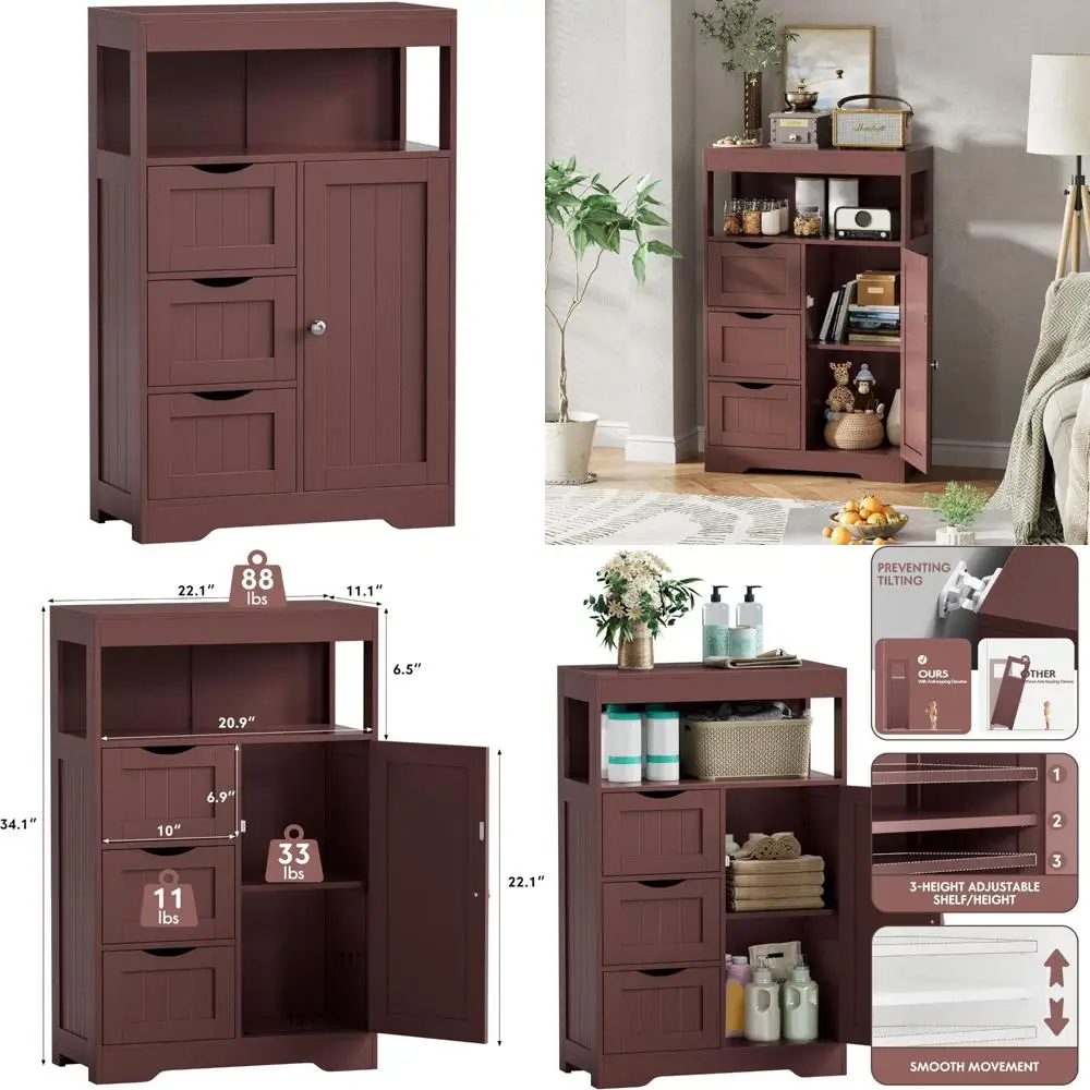 

деревянный отдельно стоящий шкаф для ванной комнаты с 1 дверью и 3 ящиками для хранения вещей