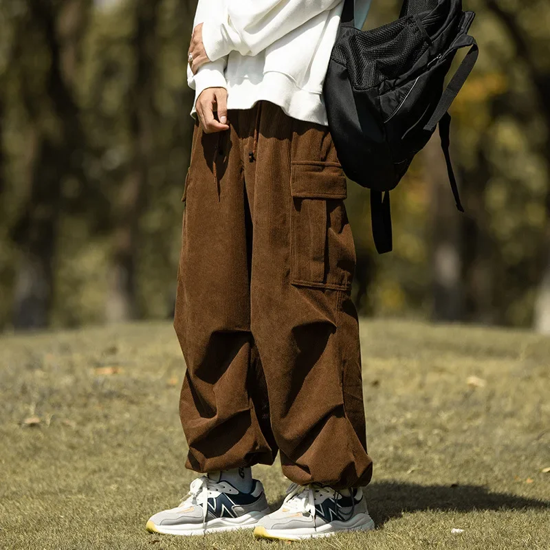 Cityboycargo Pants Men's Autumn/Winter Plus Size Sport Casual Fleece-Lined And Thickened Corduroy Loose-Fit Bell Bottoms