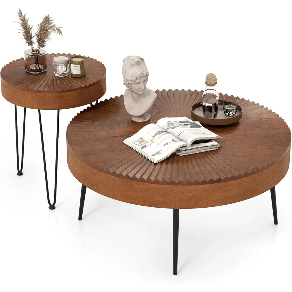 

Farmhouse Round Coffee Table Set of 2, Rustic Sofa Side Tea Tables w/Wood Finish, Metal Frame, Adjustable Foot Pads,