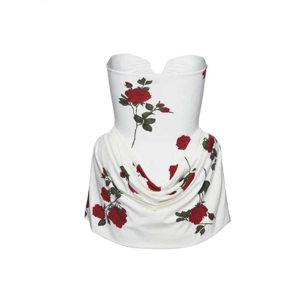 섹시한 플리츠 뷔스티에 프린트 화이트 드레스 여성용 오트 스커트 패셔너블 하이웨이스트 폴리에스터 원단 데이트 나이트