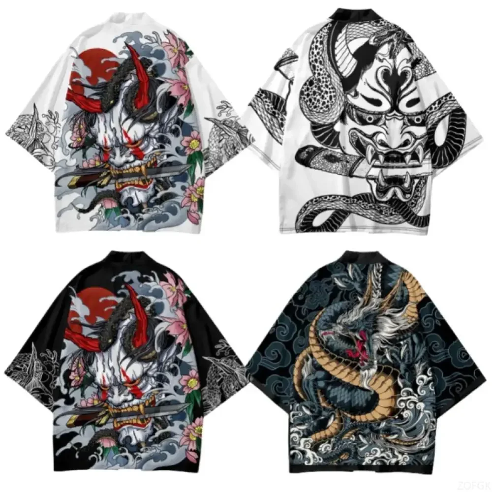 Sommer-Dämonen-Schlangenmuster-Cardigan für Herren, chinesisches Drachenmuster, japanischer Kimono, Übergröße, asiatisches traditionelles Kostüm, Cosplay-Mantel