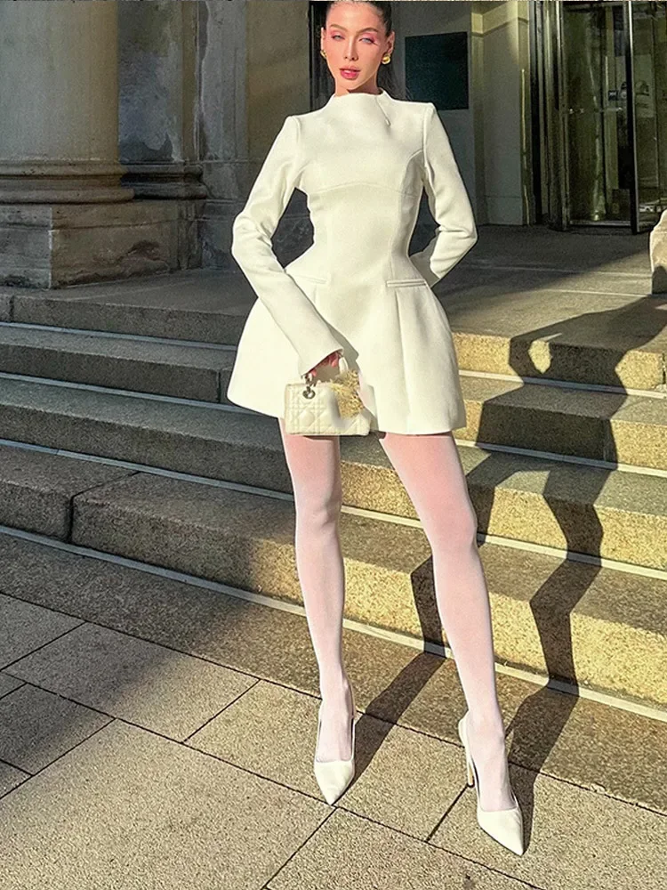 المرأة طويلة الأكمام عارية الذراعين فستان قصير مثير أنيق الخريف الشتاء س الرقبة عالية الخصر سليم صالح ثوب موضة سيدة نادي فساتين الحفلات