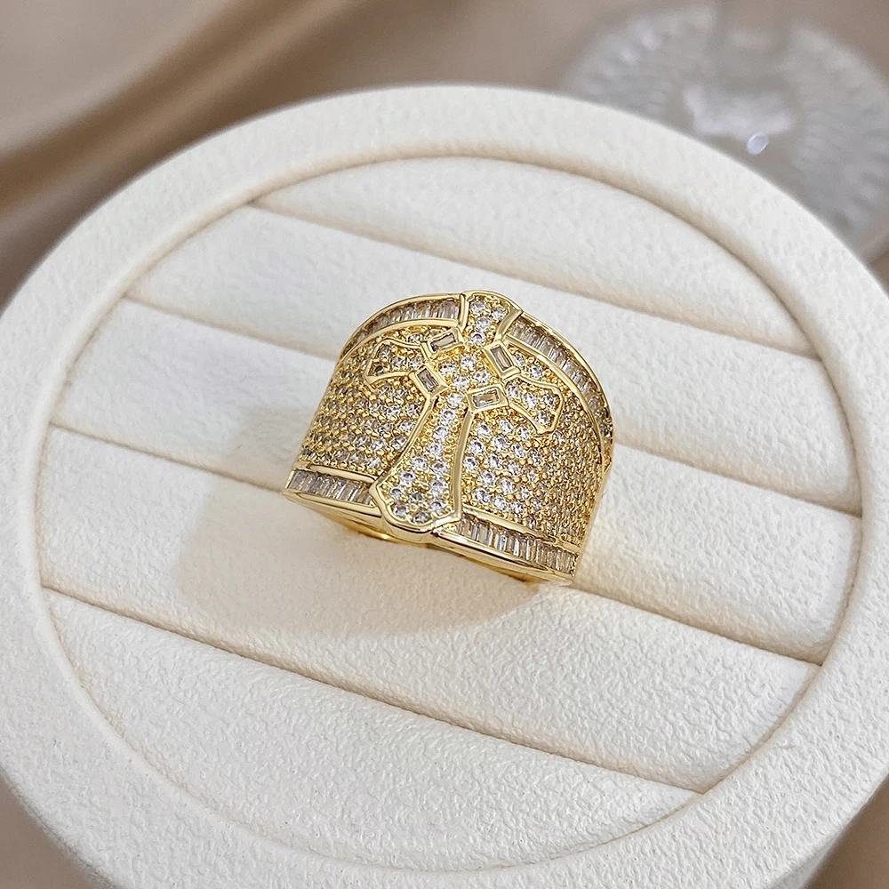 

DODOHAO Vintage Cross Zircon Inlaid Geometric Copper Ring for Women Shiny Gold Plated Waterproof Wide Ring Holiday Jewelry Gift