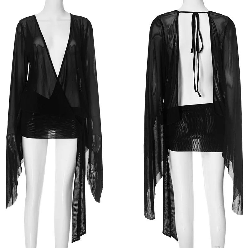 فستان عيد ميلاد نسائي مثير شبكي شفاف بأكمام طويلة على شكل جناح الخفّاش وفتحة رقبة على شكل حرف V عميقة وأربطة بدون ظهر فستان قصير للحفلات والنوادي الليلية