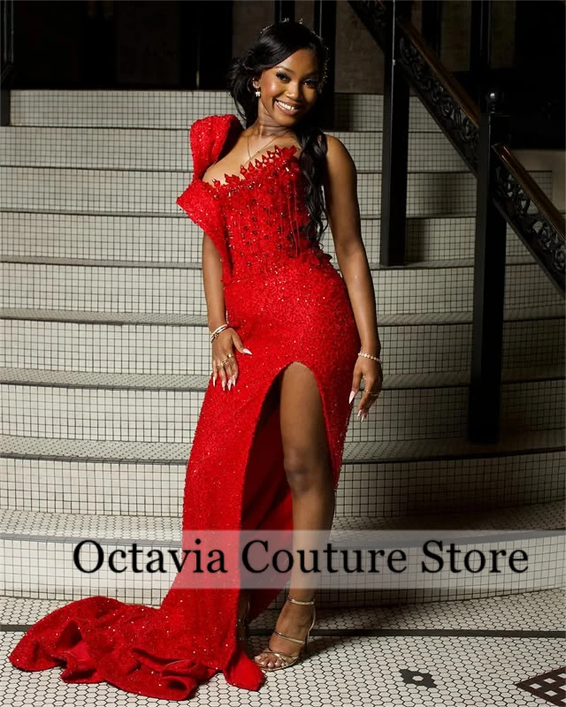 Aso Ebi Red Tassels Crystal Mermaid Evening Dresses 2025 Beaded African Wedding Party Gowns For Women Prom Dress Customized