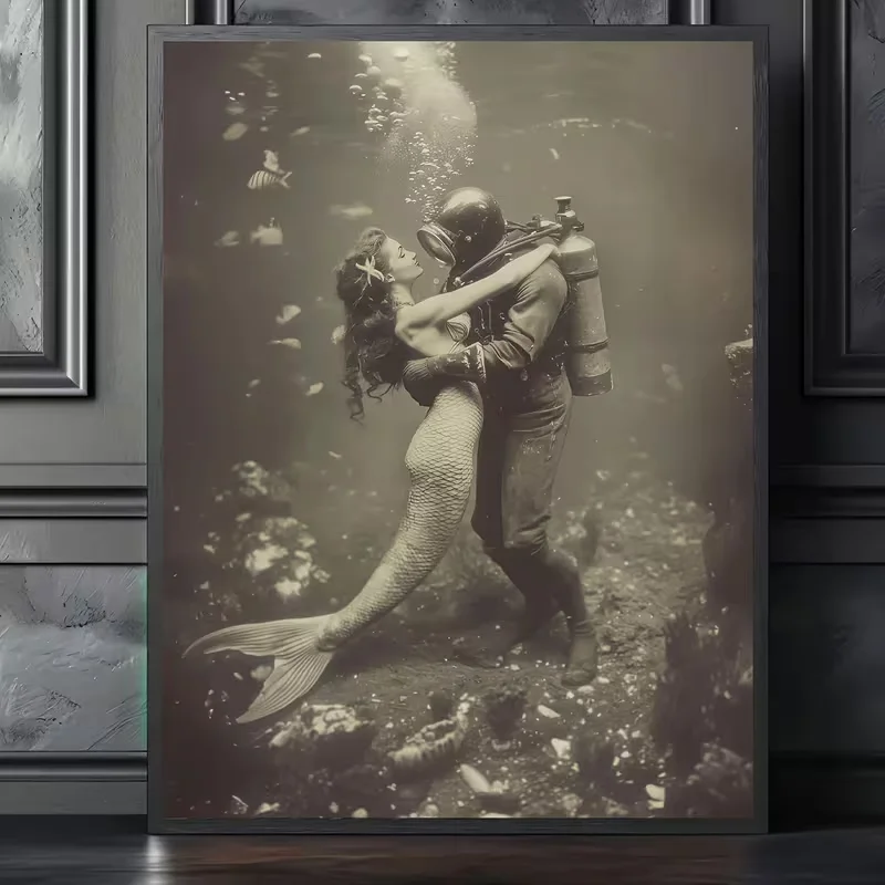 2D Flat, 2D Flat, Frameless Vintage Scuba Diving Mermaid Fantasy Fashion Art Painting Canvas – Reusable Wall Decor for Living Ro