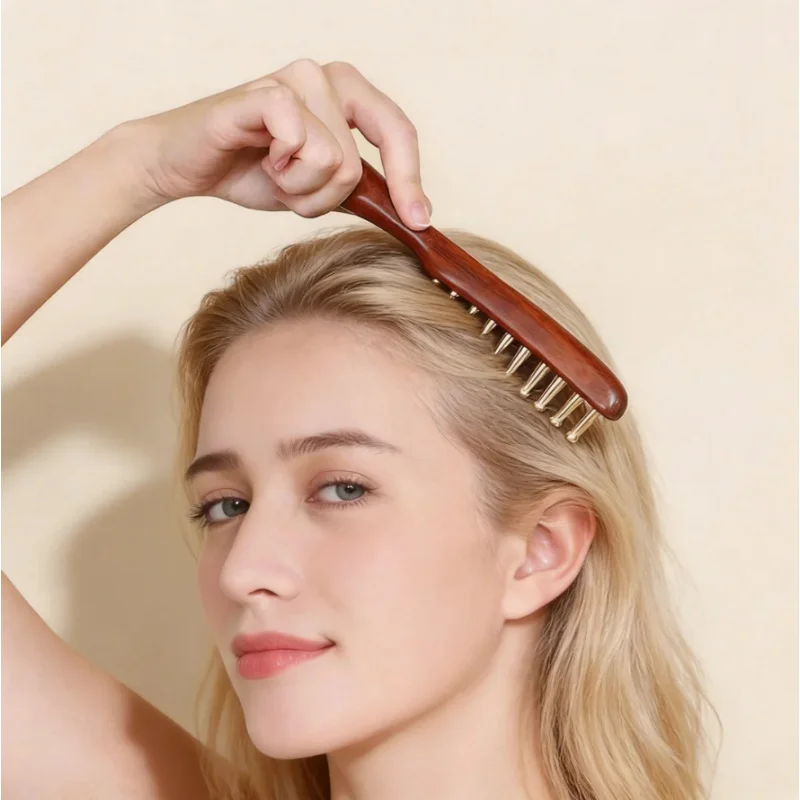 Wooden Head Massage Comb with 10 Brass Round Needles Scalp Meridian Massager Anti Static Handheld Scalp Relax Brush