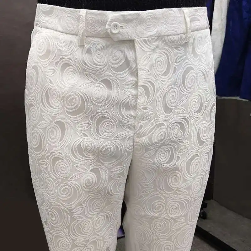 2023 Luxury White Print Mens Dress Pant Business Casual Office Trousers Ment Ankle Length Pantalon Homme Slim Men Social Trouser