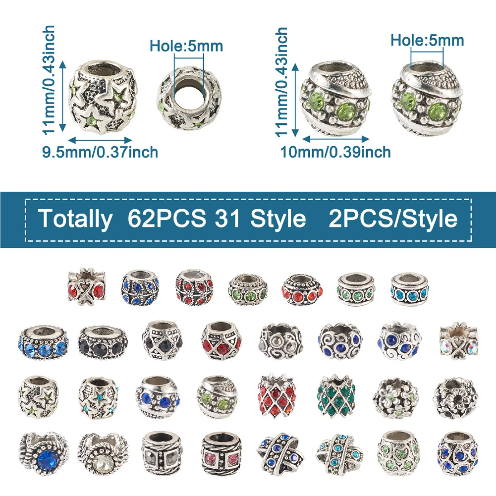 62Pcs Antique Silver Color Rondelle Cross Barrel Shape Alloy Rhinestone European Beads Large Hole Spacer Beads for Bracelet DIY