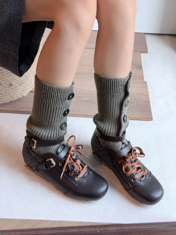 BANFANG 2.5CM Square Toe Ballet Lace Up Mid Calf Boots Women Soft Knit Stretch Hidden Heel Slim Fashion Shoes Casual Shoes