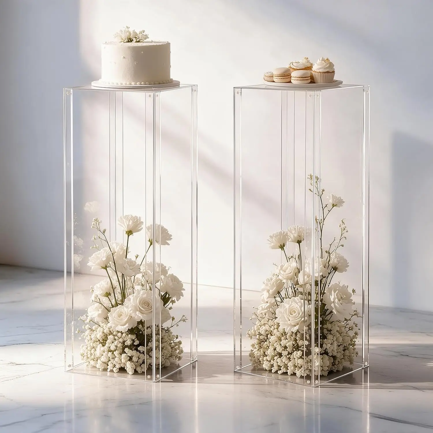2Pcs Clear Acrylic Pedestal Stand 31.5IN, Square Display Plinth Pillar Columns for Wedding Flower Cake Sculpture Art Gallery Party Decor