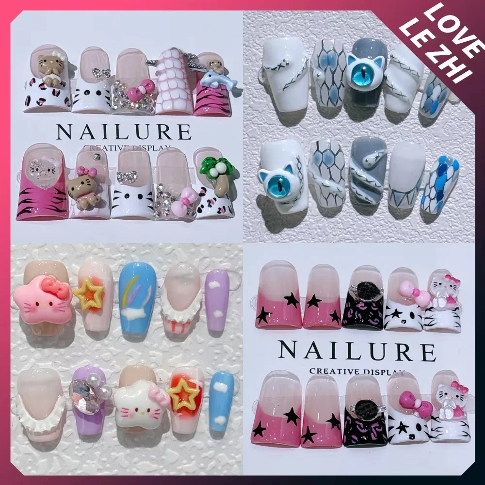 

Kawaii Sanriod Hello Kitty Detachable Fake Nails Cartoon Duck Web Rhinestone Mymelody Cinnamoroll Kuromi Full Cover Nail Tips