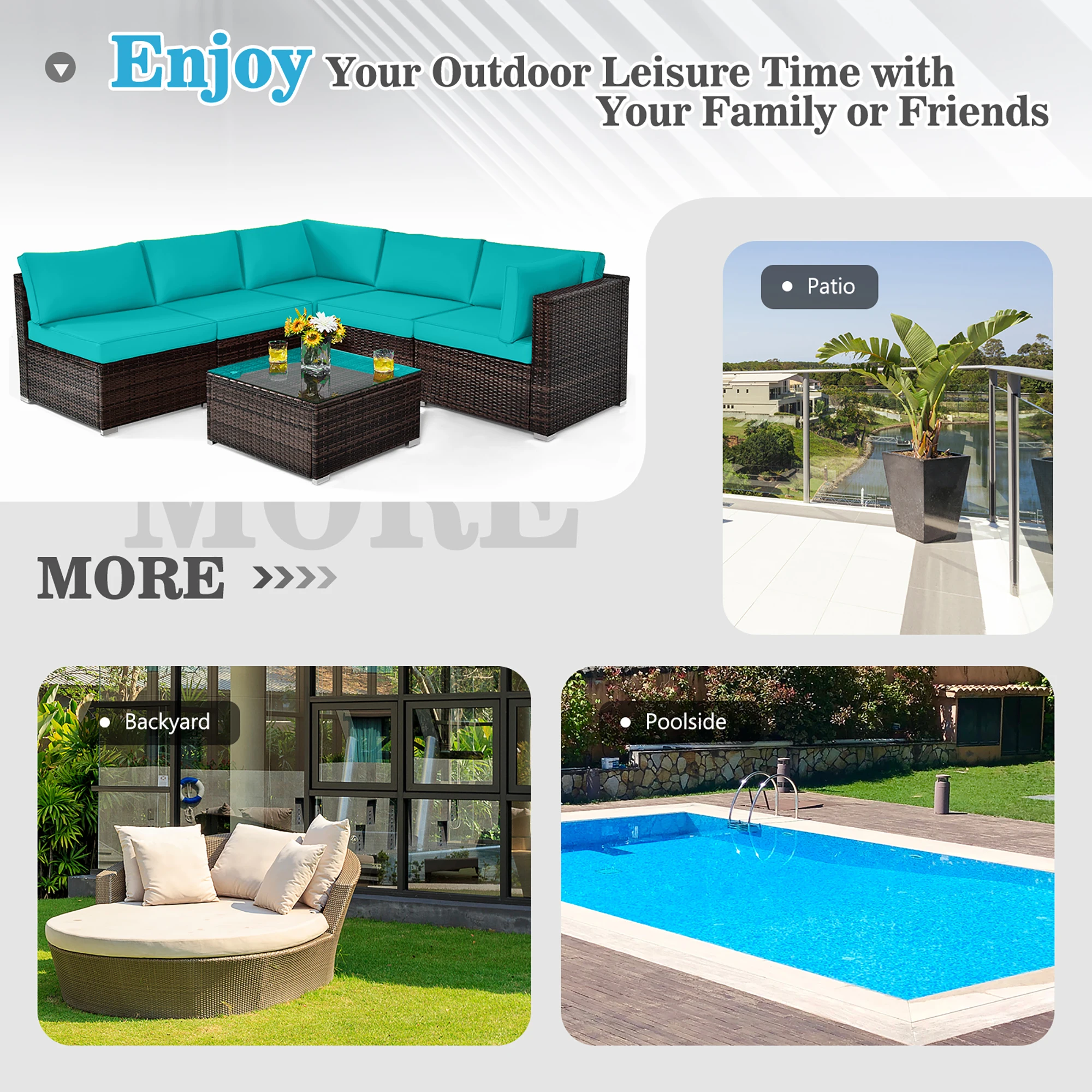 6PCS Patio Rattan Furniture Set Cushioned Sofa Coffee Table Turquoise