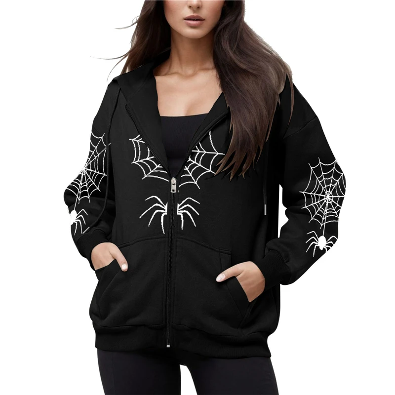 

Punk Black Sweatshirts Gothic Grunge Hoodie Women Spider Web Print Zipped Hooded Long Sleeve Tops Cyber y2k Clothes Streetwear