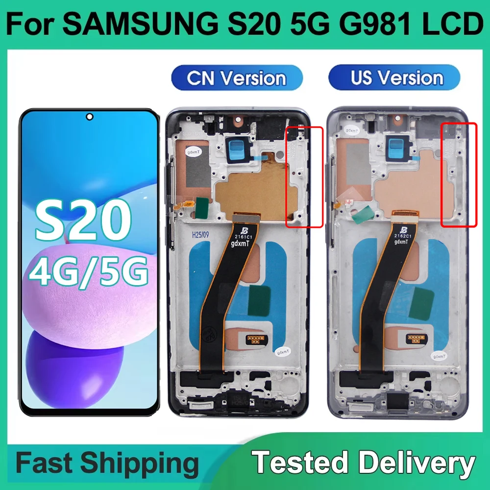 For Samsung S20 TFT LCD Screen Assembly 4G / 5G G980 G980F G981 with Frame Digitizer Touch Display for Mobile Phone Repair