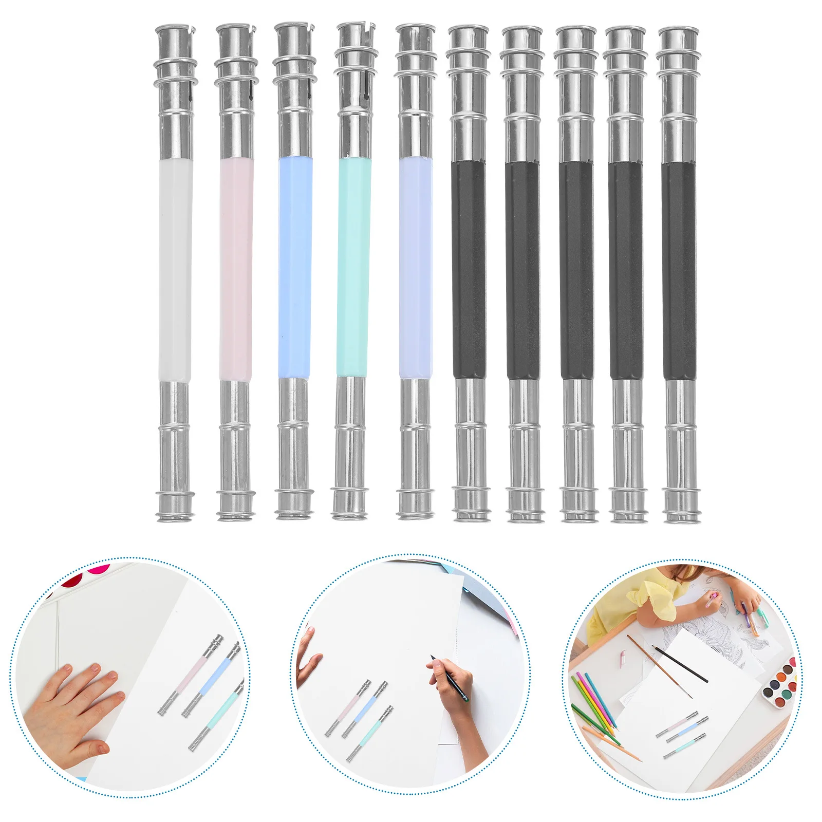 

10Pcs Pencil Extenders Metal Dual Head Design for Artists Children Sketching Drawing Tool Colored Pencil Lengtheners Anti-Slip