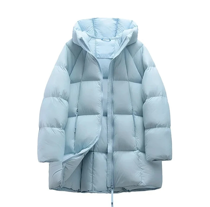 سترات مبطنة خفيفة الوزن باللون الأبيض من Duck Down سترة شتوية نسائية بغطاء للرأس النسخة الكورية من السترة الكاجوال