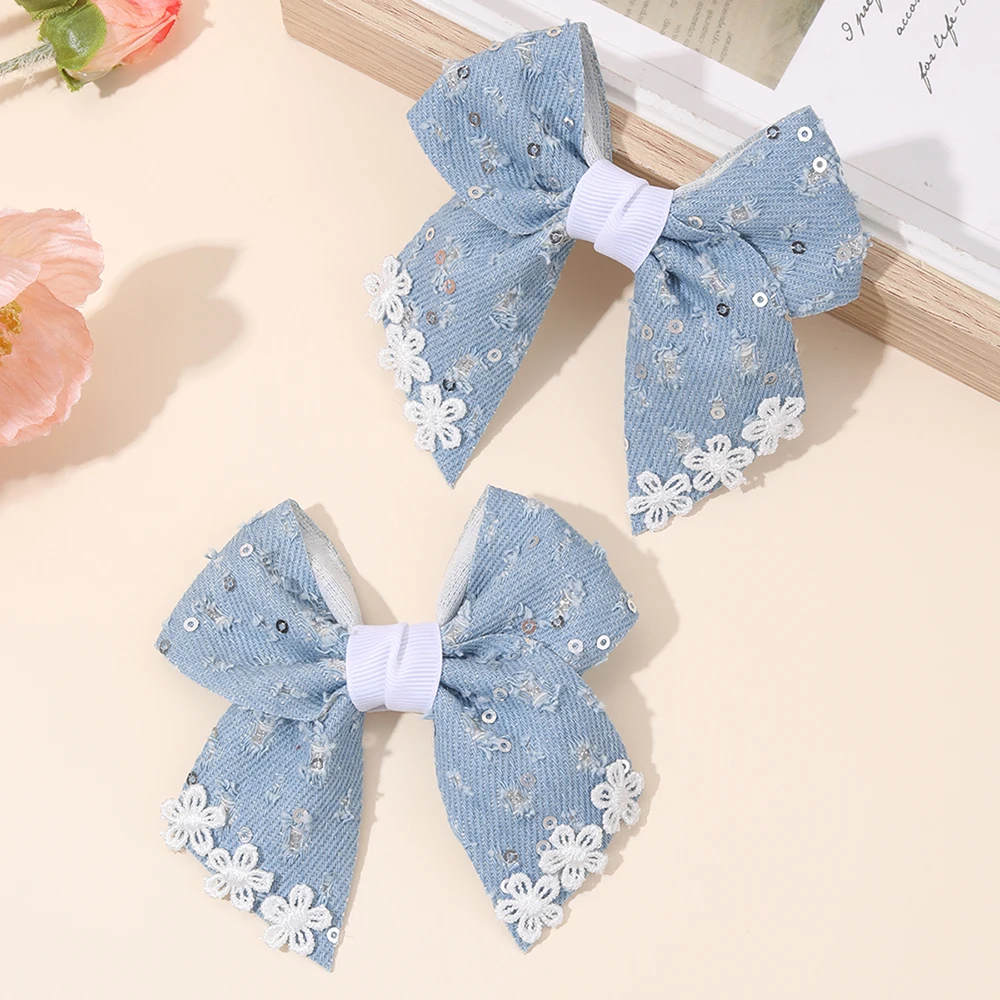 2 шт., нежные винтажные джинсовые заколки для волос с бантом, кружевные заколки с цветочными пайетками, модные аксессуары для волос для девочек, вечерние повседневные головные уборы