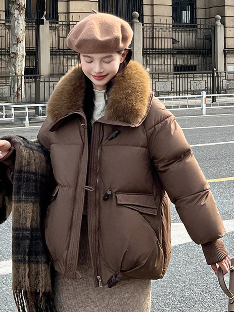 Warm Furry Collar Parkas for Women Loose Button Detor Zipper Up Jackets Woman Chic Pockets Long Sleeve Thick Parkas Coat Lady