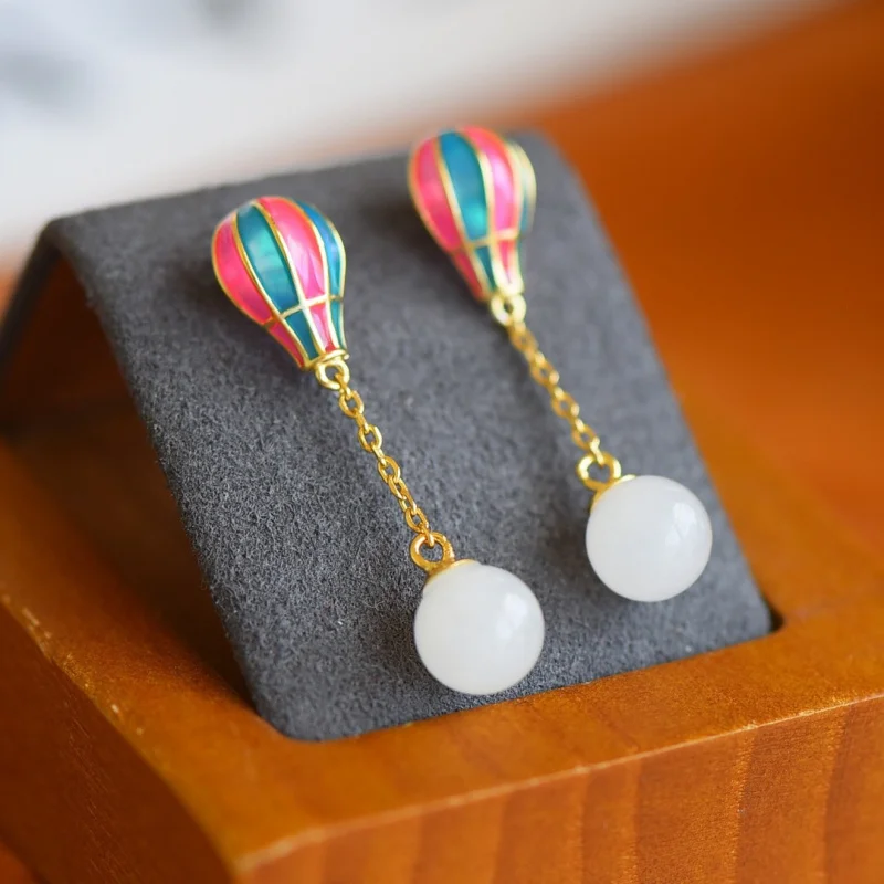 

Серьги-гвоздики из стерлингового серебра с иглами, горячий воздушный шар, милые серьги из нефритового шарика Hetian