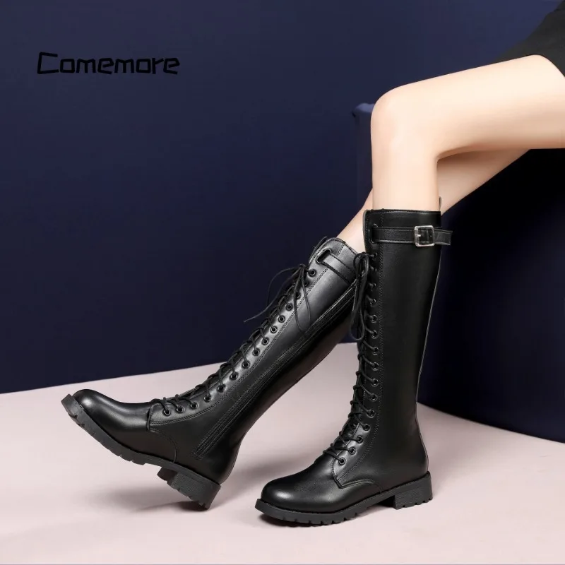 Comemore Women 2023 New Lace Up Knight Boot Belt Buckle Female Booties Long Autumn Footwear Ladies Thigh High Boots Big Size 43