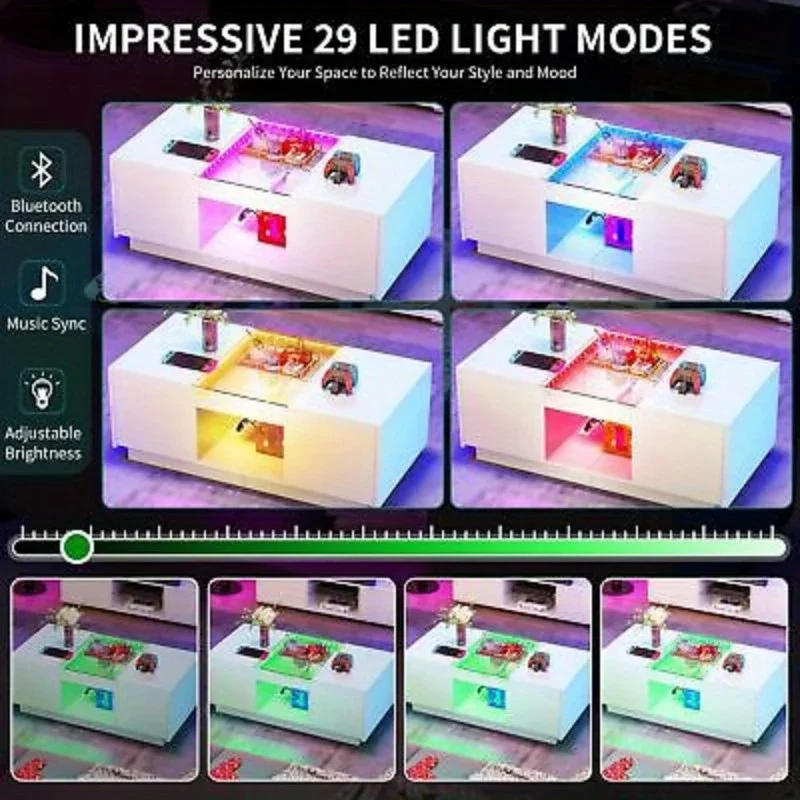 Mesa de centro moderna LED com tomadas de energia Mesa de sala de estar branca com 2 gavetas