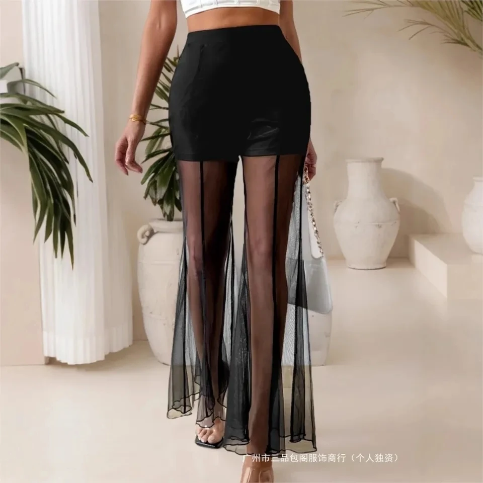Casual Ladies Fashion Black Patchwork Mesh Smooth Wide-swing Trouser Summer Elegant Slim Package Women's Flared Long Pants