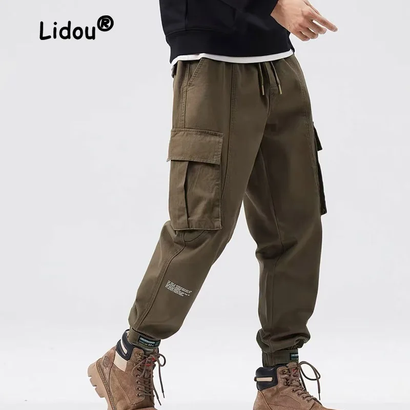 Vintage Fashion Printing Letter Multiple Pockets Stickers Man Cargo Pants Classic Loose Straight Cylinder Male Casual Trousers