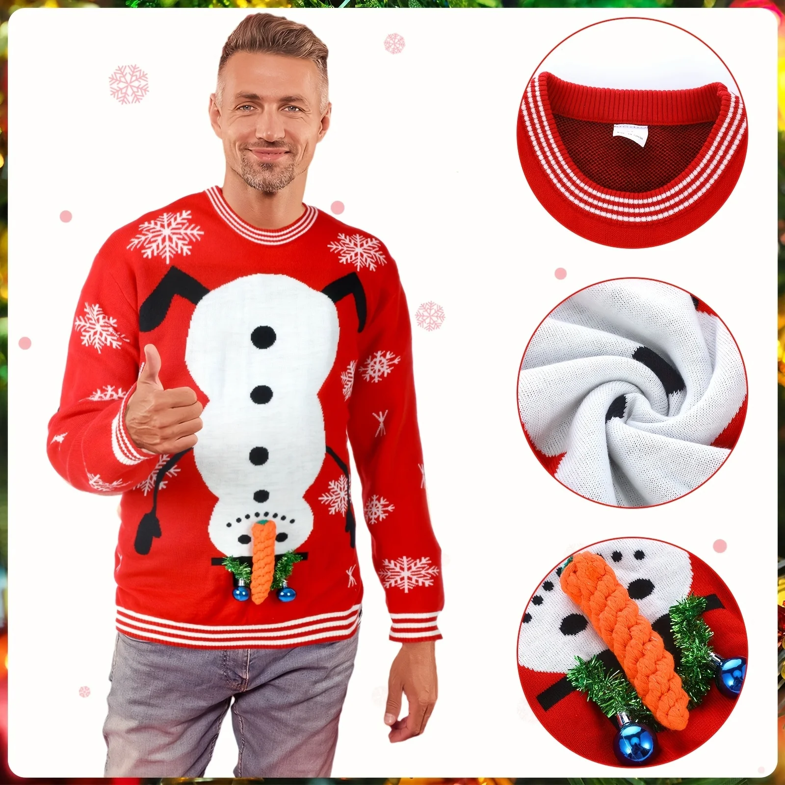 3-Piece Set: Fun 3D Christmas Men's Sweater Including Santa Hat, Glasses, Snowman Ball - Perfect For Parties And Gifts, Multi