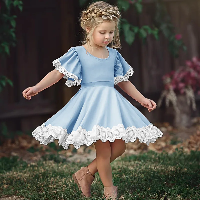 

Summer round neck solid color lace pleated short sleeved princess dress for children and girls at Zhongda University