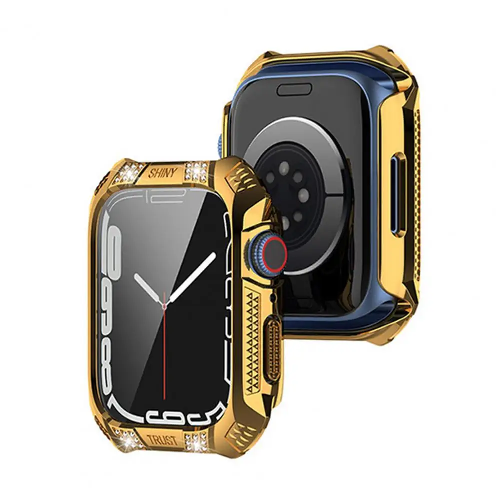 Watch Protective Case for iWatch 7 Rhinestone Rhombus Smart Watch Tempered Film Full Screen Cover Protector