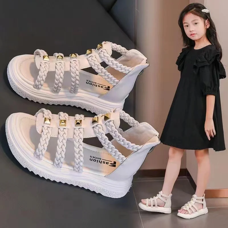 Little Girls Metallic Roman Sandals 2026 New Summer Kids Chunky Beach Sandals Non-slip Simple Comfort Outdoor Barefoot Footwear