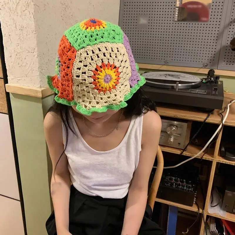 C63C Sweet Knitted Bucket Hat Crochet Basin Hat Flower Pattern Fisherman Hat Show Face Small All-match for Street