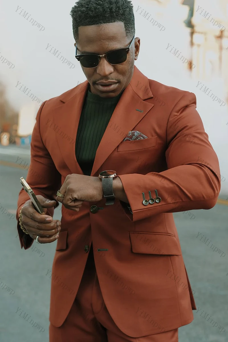 YiMinpwp 2025 بدلة رجالية برتقالية فاخرة للسادة والترفيه والأعمال بقصة ضيقة وزر واحد طقم طية صدر السترة (سترة + بنطلون)