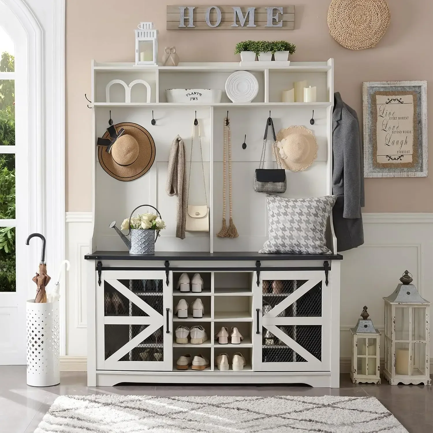 Farmhouse Entryway Bench with Coat Rack,  Shoe Storage Bench, Sliding Barn Doors, Mudroom Storage Cabinet, Off White