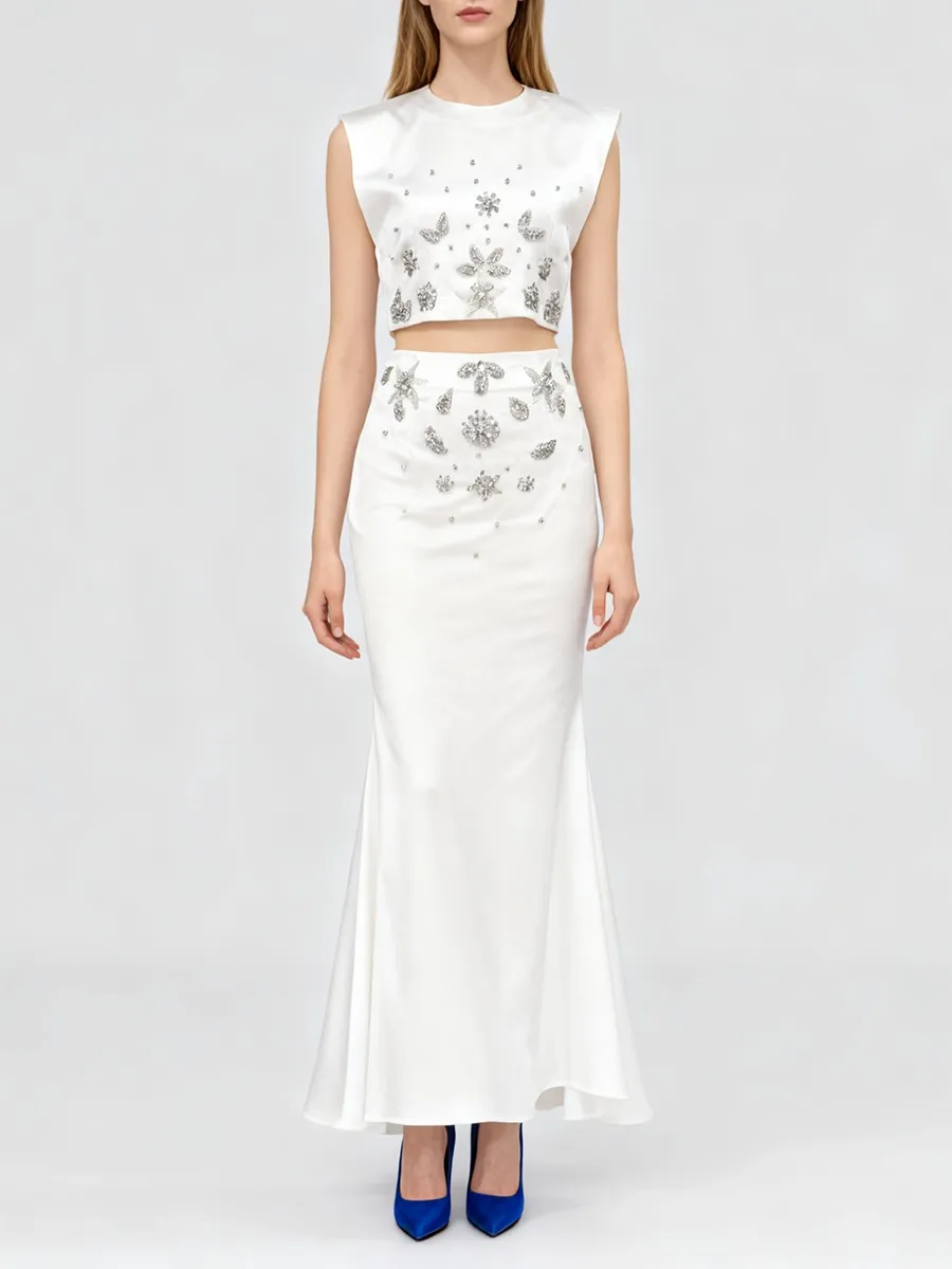 TWOTWINSTYL – ensemble deux pièces amincissant pour femmes, diamants épissés, col rond, gilet sans manches, taille haute, jupe longue, ensemble élégant