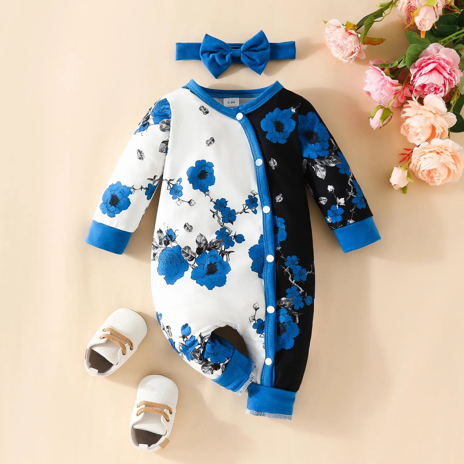 0-18M Baby Girl Winter Jumpsuit Long Sleeve Flower Ruffles Floral Orange Romper Bodysuit With Hat 3pcs Baby Clothing For Newborn